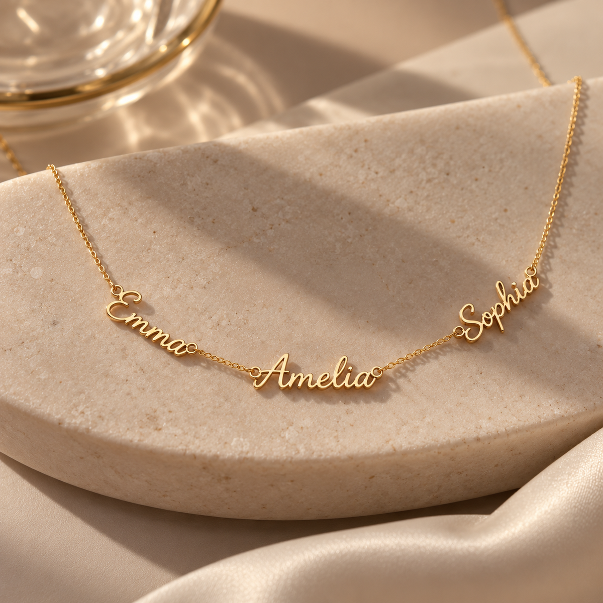 14K Solid Gold Three Name Necklace | Real Gold Script Names in Yellow, Rose & White Gold