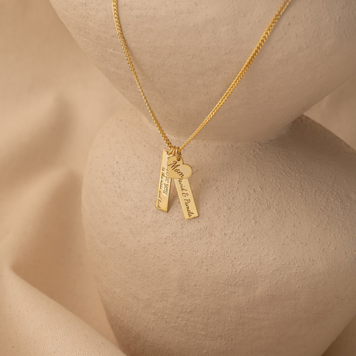 Engraved Message Necklace | Personalized Bar & Mom Heart Charms in Sterling Silver & 14K Gold Vermeil