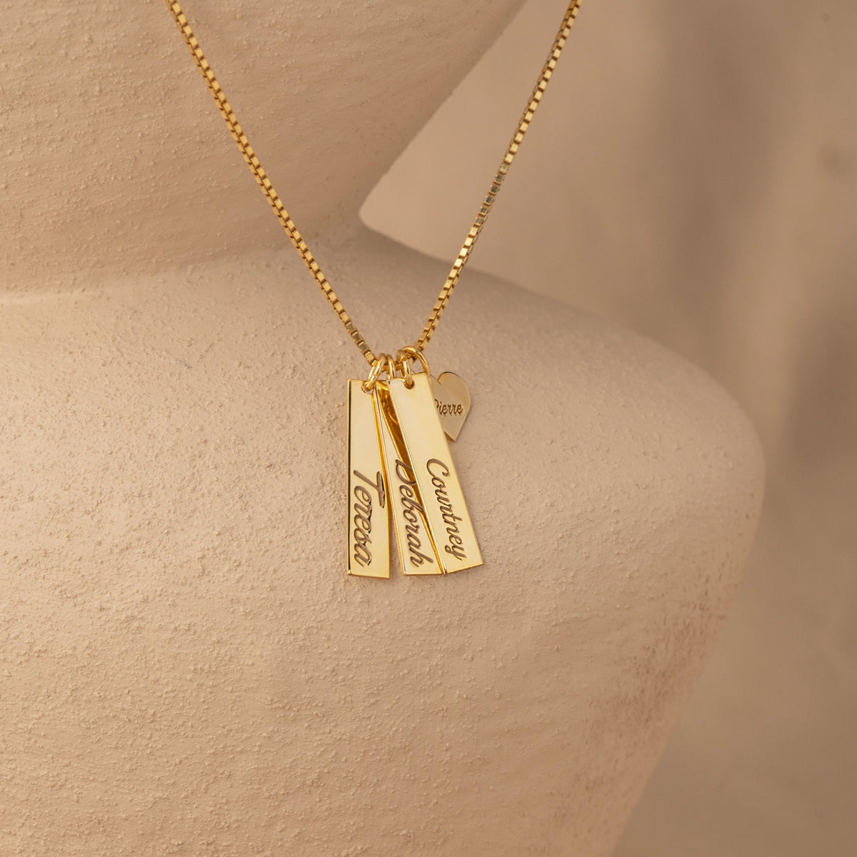 Personalized Name Bar Necklace | Three Vertical Bars & Heart Charm on Box Chain in Sterling Silver & 14K Gold Vermeil