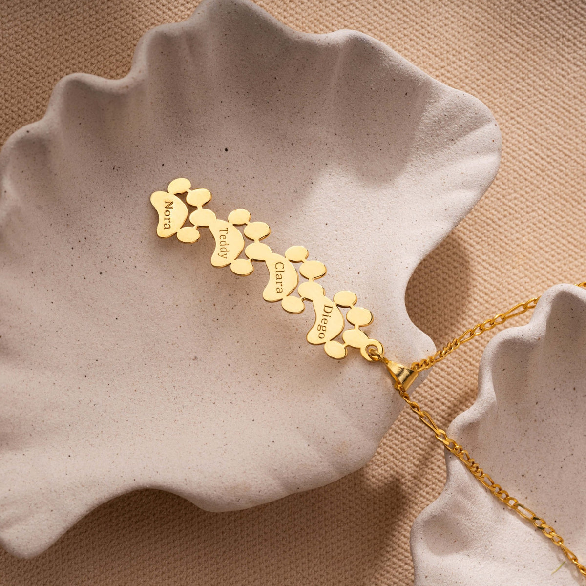 Fur Baby Necklace | Vertical Paw Print Pendant with Four Pet Names in Sterling Silver & 14K Gold Vermeil