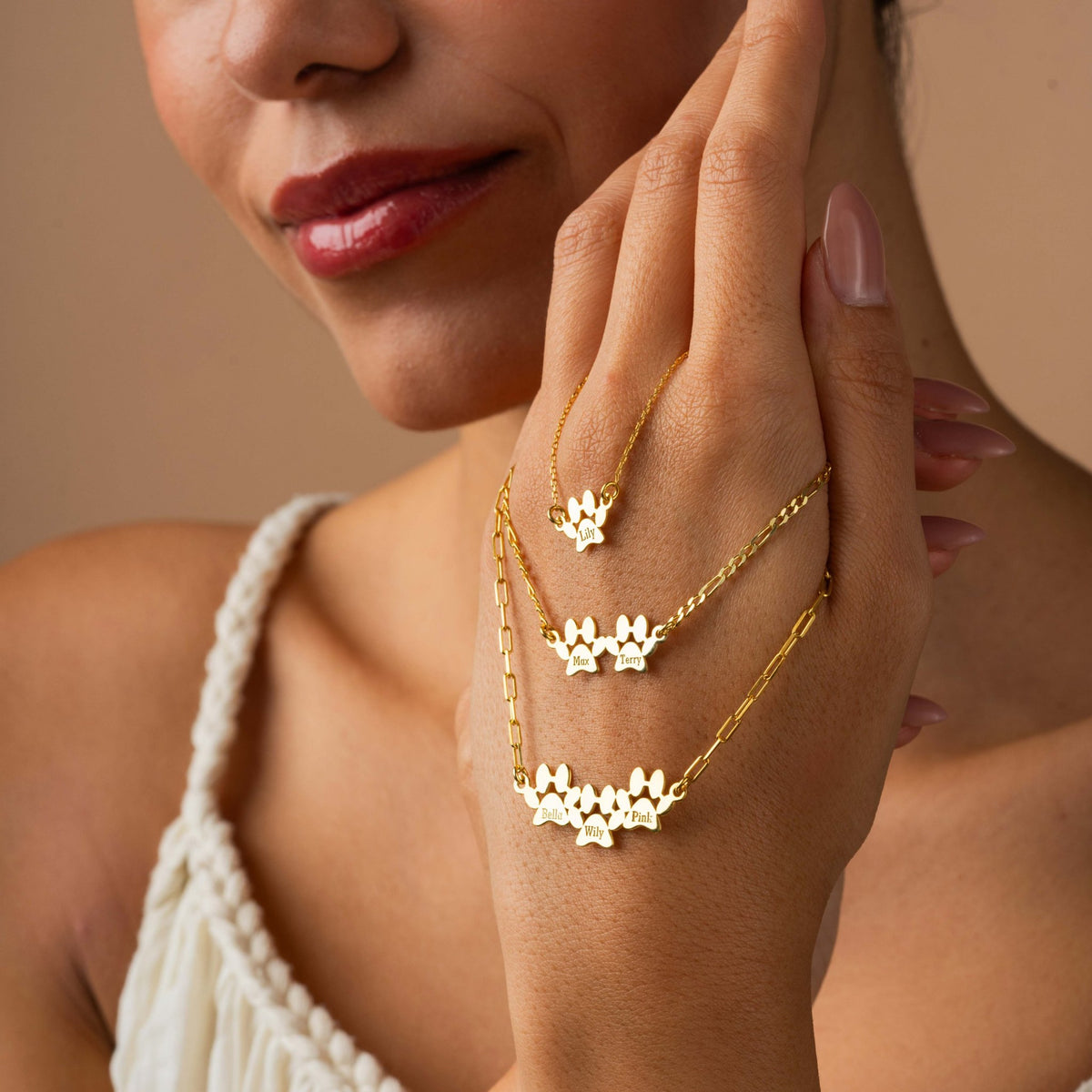 Pet Lover Necklace | Three Paw Print Bar Necklace with Pet Names in Sterling Silver & 14K Gold Vermeil