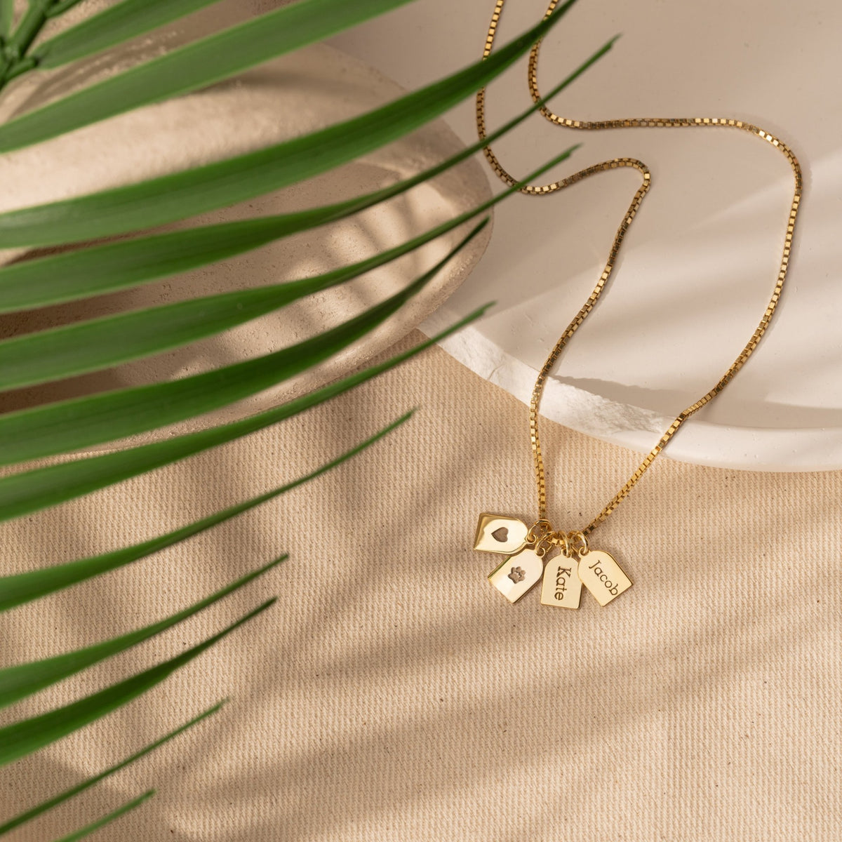 Name Tag Charm Necklace | Personalized Tags with Names, Heart & Paw Symbols in Sterling Silver & 14K Gold Vermeil