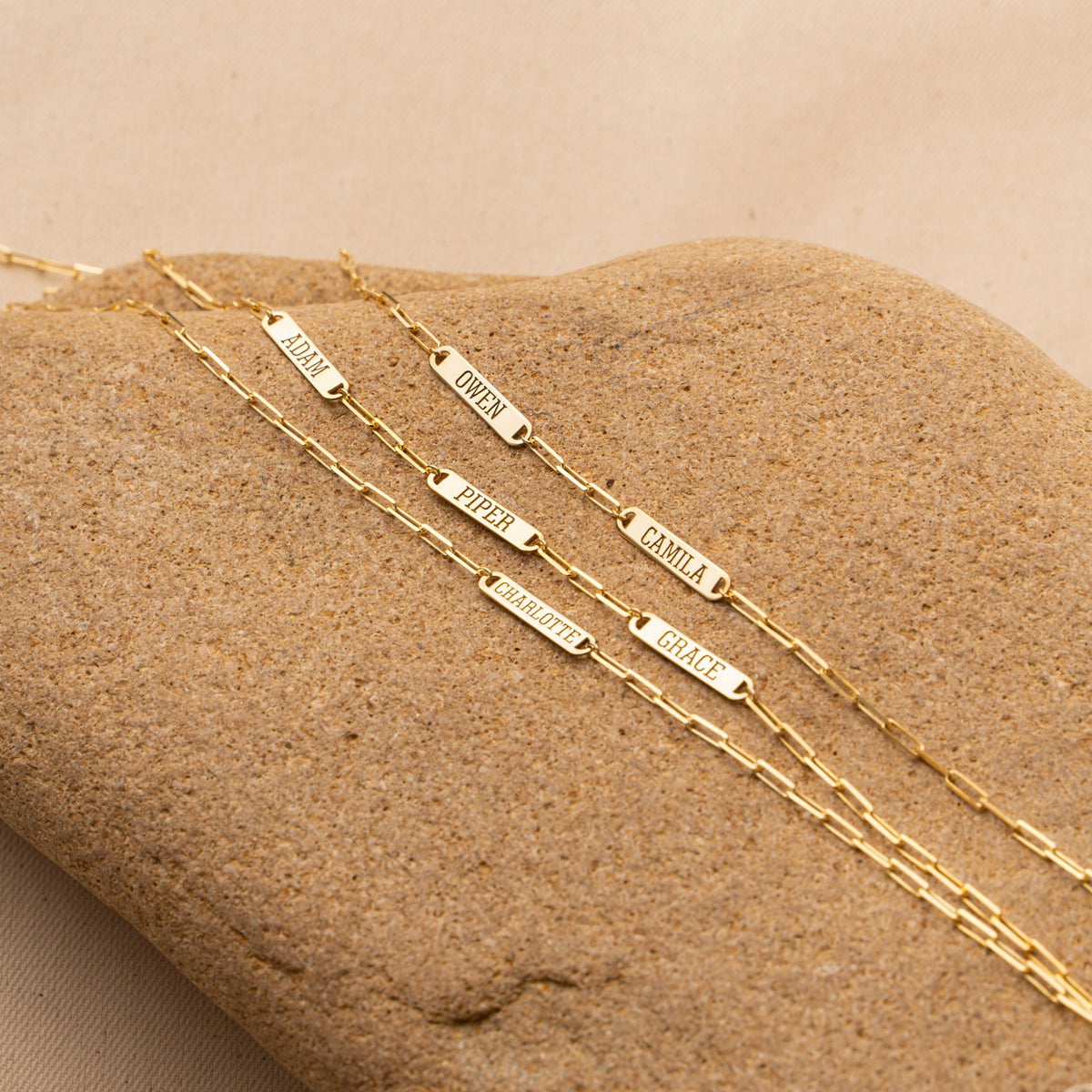 Horizontal Bar Necklace | Engraved Uppercase Name ID Bar on Paperclip Chain in Sterling Silver & 14K Gold Vermeil