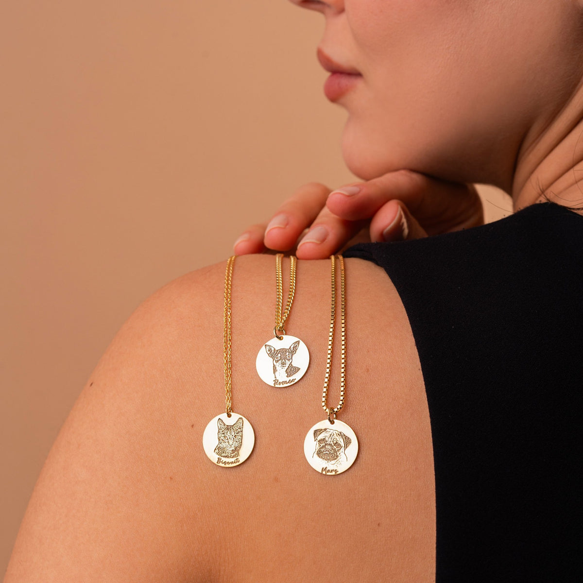 Pet Memorial Necklace | Engraved Dog Photo Portrait with Name in Sterling Silver & 14K Gold Vermeil