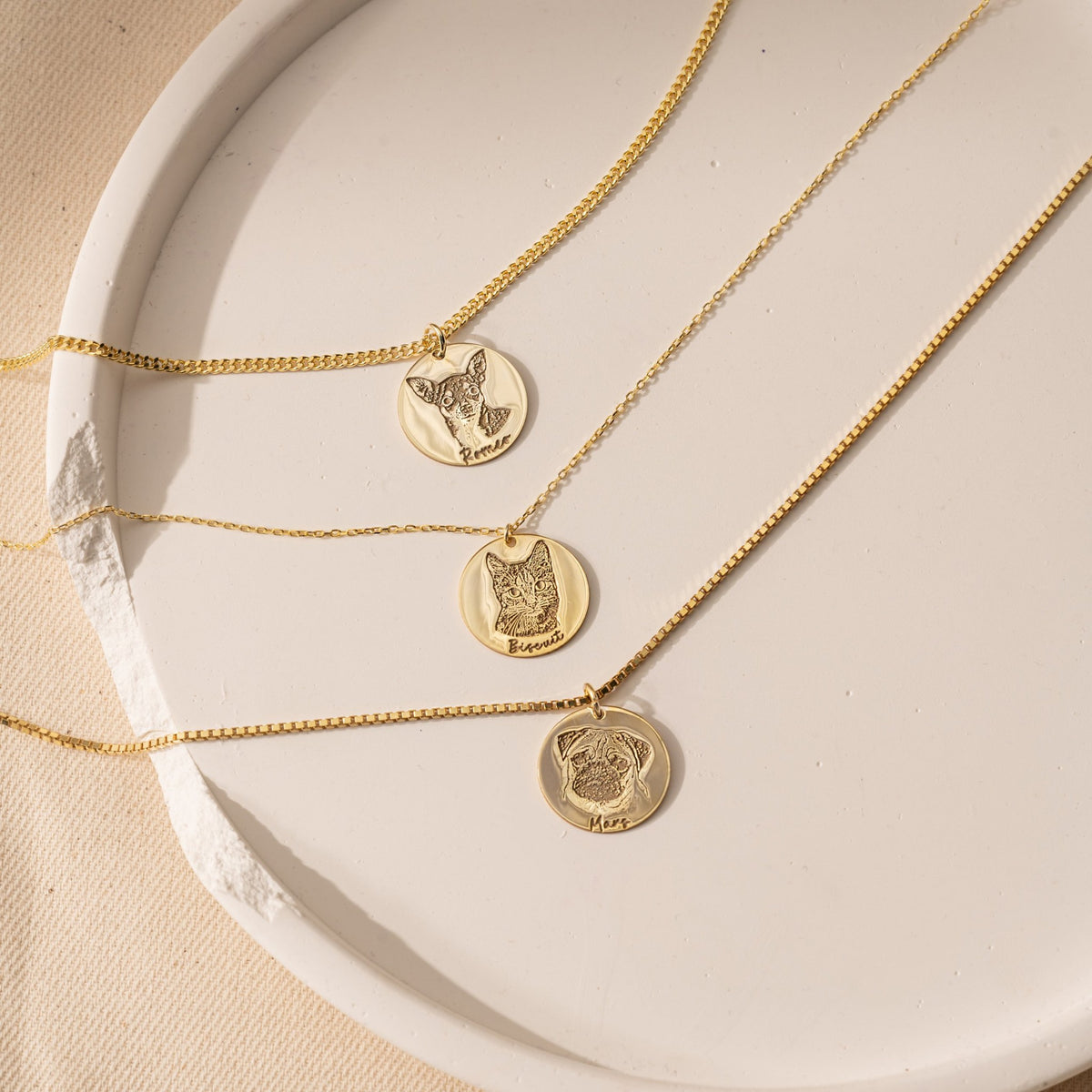 Pet Portrait Necklace | Custom Engraved Pet Photo Disc with Name in Sterling Silver & 14K Gold Vermeil