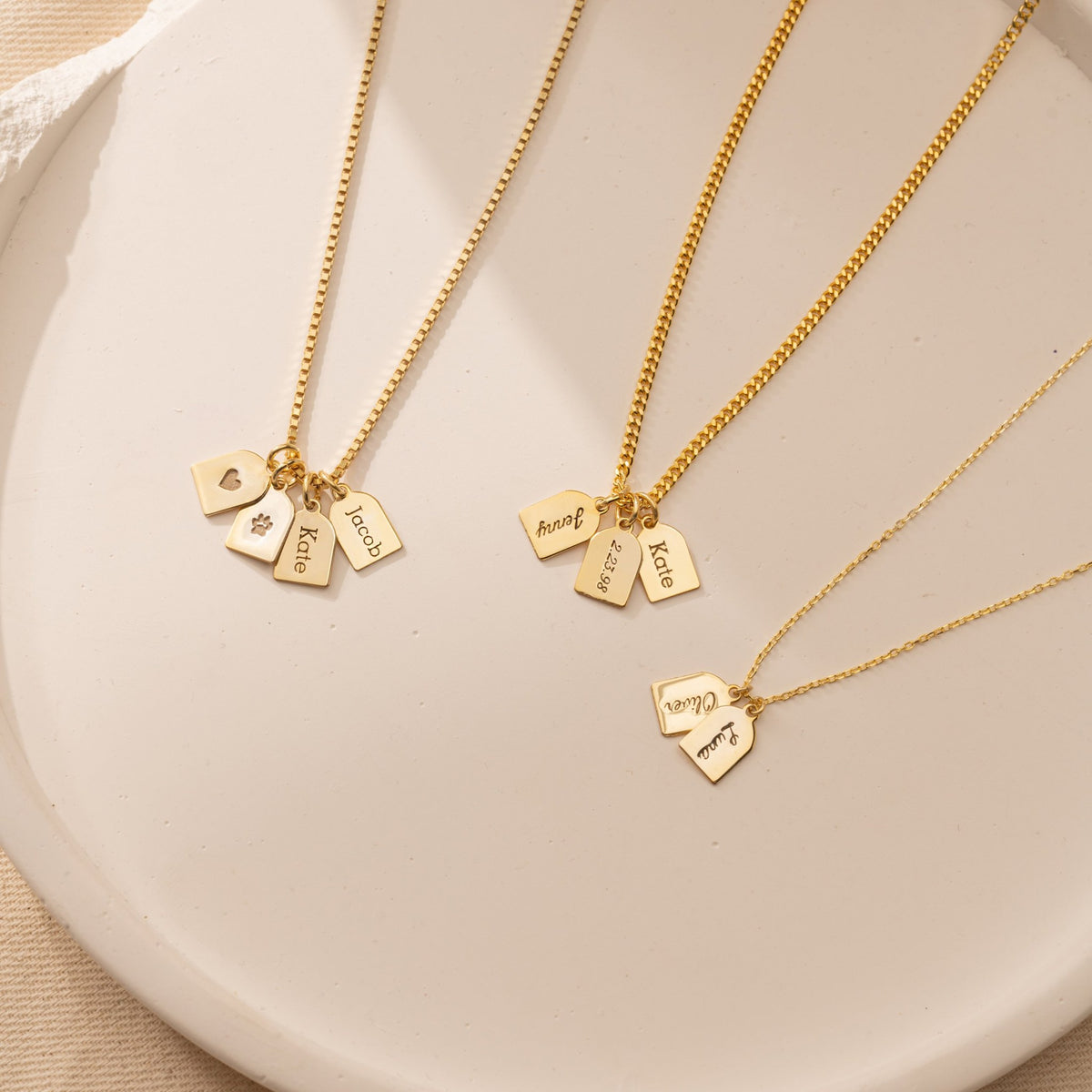 Name Tag Charm Necklace | Personalized Tags with Names, Heart & Paw Symbols in Sterling Silver & 14K Gold Vermeil