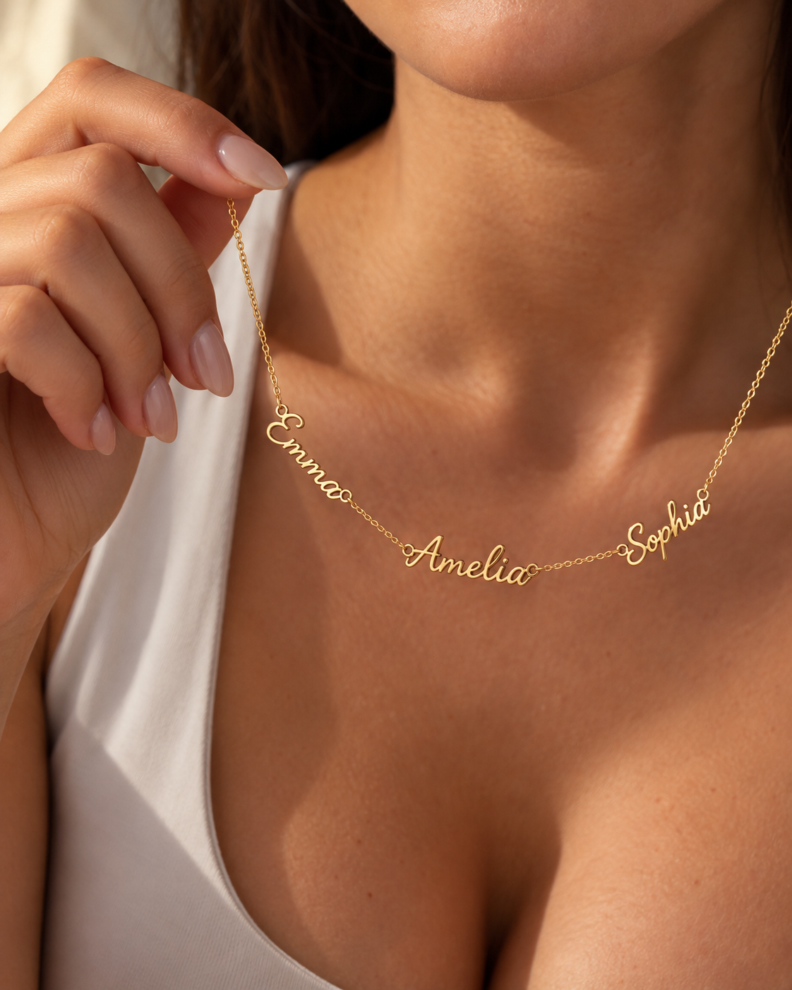 14K Solid Gold Three Name Necklace | Real Gold Script Names in Yellow, Rose & White Gold