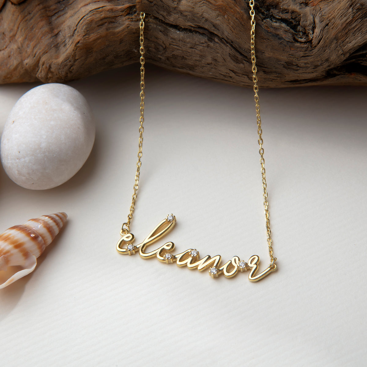 Sparkle Name Necklace | Custom Script Nameplate with CZ Stones in Sterling Silver & 14K Gold Vermeil