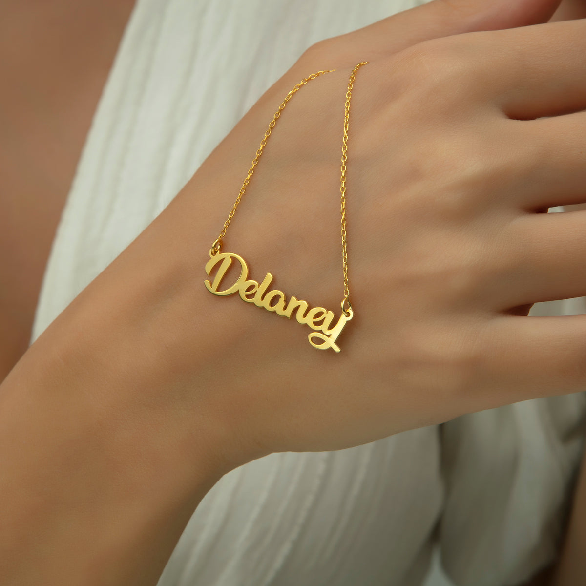 14K Solid Gold Name Necklace | Real Gold Script Nameplate in Yellow, Rose & White Gold