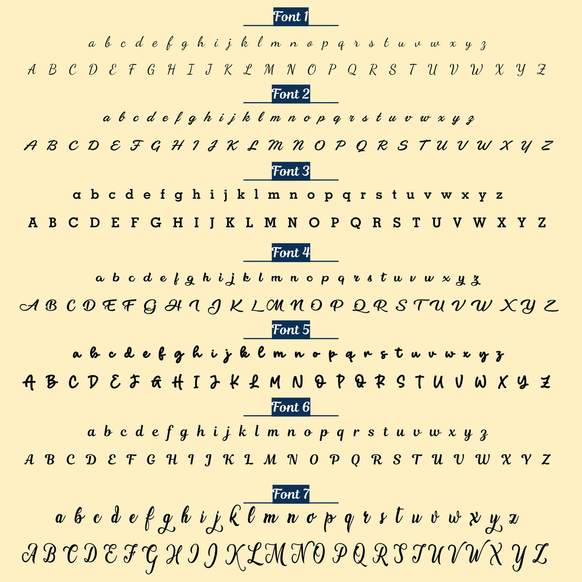 UXV name necklace font chart showing 7 script and block font options